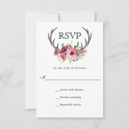 Rustikale Antlers Boho Floral Allure Wedding RSVP Karte (Vorderseite)