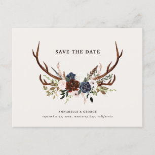 Rustikale Antlers Drehbuch Bordeaux Blumenhochzeit Ankündigungspostkarte