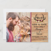 Rustikale Antlers Floral Burgundy Wood Save the Da Save The Date (Vorderseite)