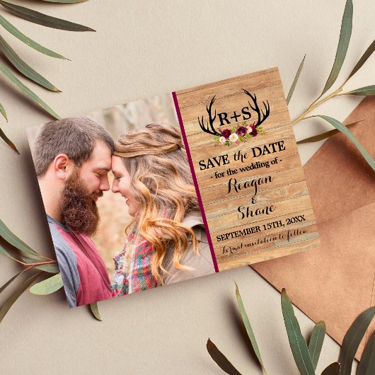 Rustikale Antlers Floral Burgundy Wood Save the Da Save The Date