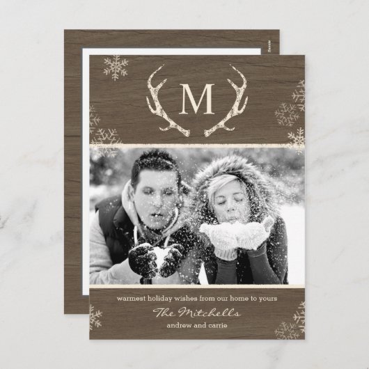 Rustikale Antlers Holiday Postkarte (Vorne/Hinten)