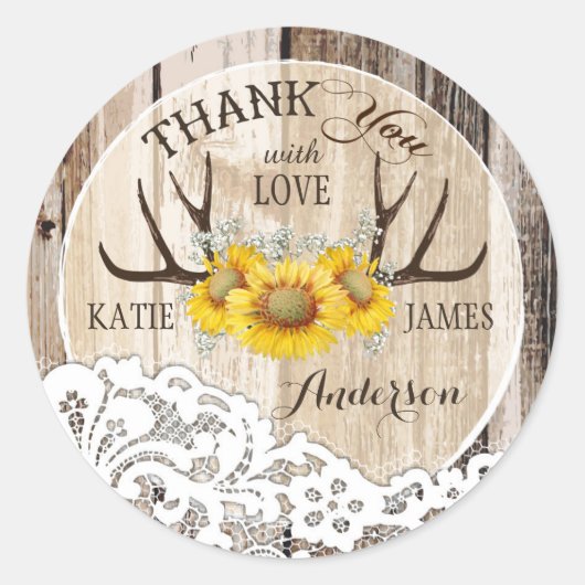 Rustikale Antlers Lace Sunflowers Boho Wedding Runder Aufkleber (Vorderseite)