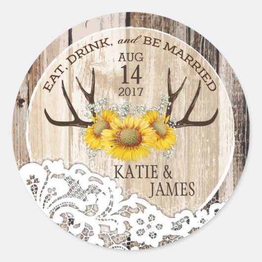 Rustikale Antlers Sonnenblumen Country Wedding Runder Aufkleber (Vorderseite)