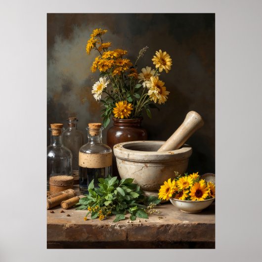 Rustikale Apotheke Stillleben mit Kräuter und Blum Poster (Vorne)