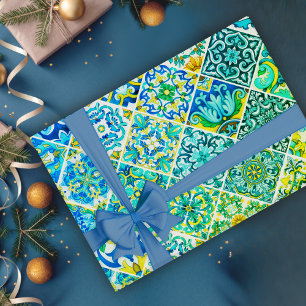 Rustikale Aqua-Minz-Sizilianische Talavera-Fliesen Geschenkpapier