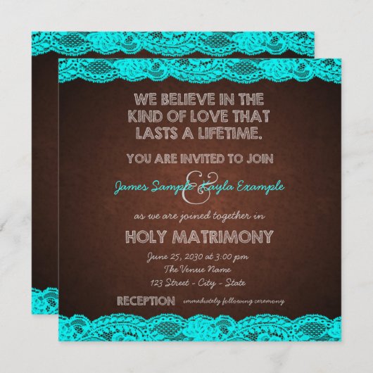 Rustikale Aquamarin Blue and Brown Country Wedding Einladung (Vorne/Hinten)