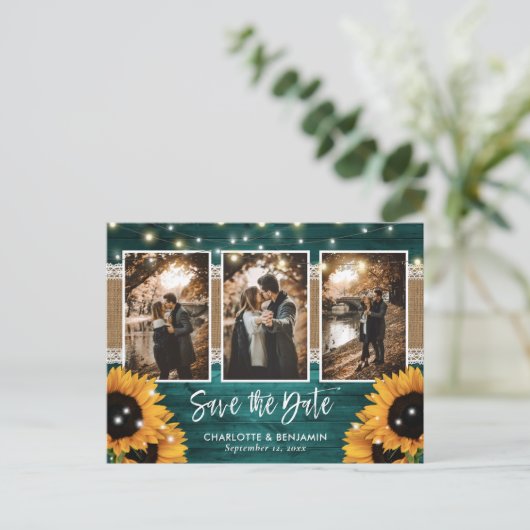 Rustikale Aquamarin Lights Sonnenblume 3 Foto Save Ankündigungspostkarte (Stehend Vorderseite)