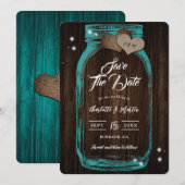 Rustikale Aquamarin Mason Jar Wood Hochzeit im Her Save The Date (Vorne/Hinten)