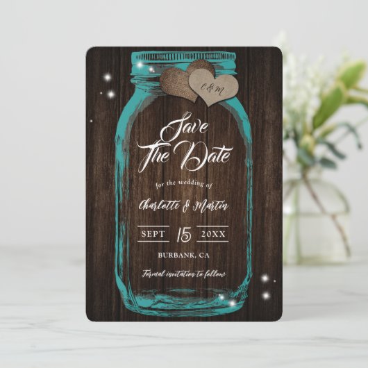 Rustikale Aquamarin Mason Jar Wood Hochzeit im Her Save The Date (Stehend Vorderseite)