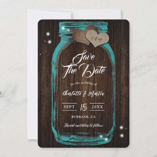 Rustikale Aquamarin Mason Jar Wood Hochzeit im Her Save The Date (Vorderseite)