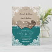 Rustikale Aquamarine Burlap Lace String Lights Hoc Einladung (Stehend Vorderseite)