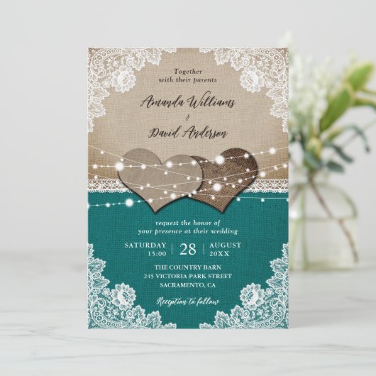 Rustikale Aquamarine Burlap Lace String Lights Hoc Einladung (Stehend Vorderseite)