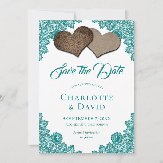 Rustikale Aquamarine Burlap Lace Wedding speichert Save The Date (Vorderseite)