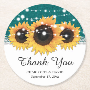 Rustikale Aquamarine Burlap Sonnenblumenhochzeit Runder Pappuntersetzer