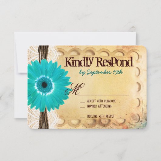 Rustikale Aquamarine Daisy Typografy Wedding RSVP (Vorderseite)