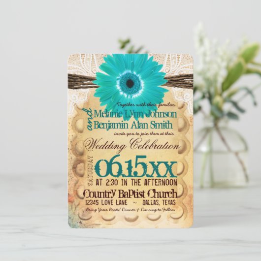 Rustikale aquamarine einladung (Stehend Vorderseite)