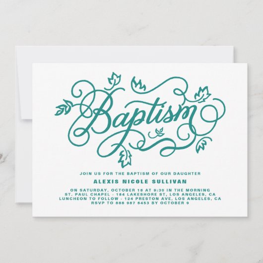 Rustikale Aquamarine Foliage Lettering Taufe Einladung (Vorderseite)