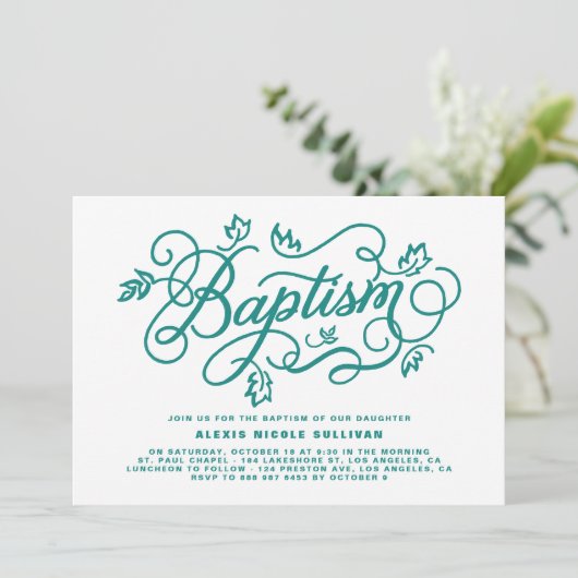 Rustikale Aquamarine Foliage Lettering Taufe Einladung (Stehend Vorderseite)
