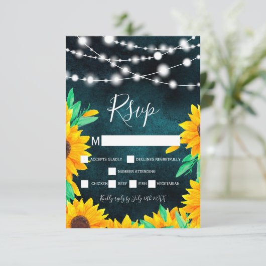 Rustikale aquamarine grüne Saitenleuchten Sonnenbl RSVP Karte (Stehend Vorderseite)