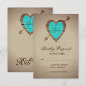 Rustikale Aquamarine Heart Arrow Wedding RSVP Card Karte (Vorne/Hinten)
