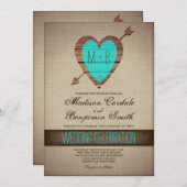 Rustikale Aquamarine Herzklopfarre Einladung zur H (Vorne/Hinten)