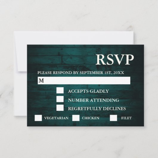 Rustikale Aquamarine Holzbalken UAWG & Mahlzeiten RSVP Karte (Vorderseite)