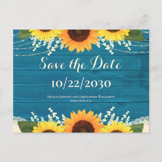 Rustikale Aquamarine Holzblütenhochzeit rettet das Postkarte (Vorderseite)