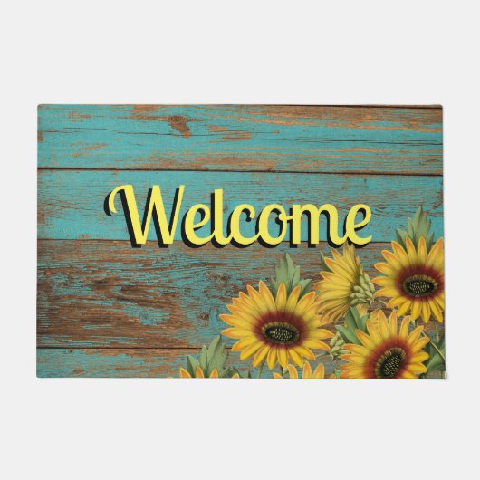 Rustikale Aquamarine Holzgelbe Sonnenblumen Willko Fußmatte (Vorderseite)
