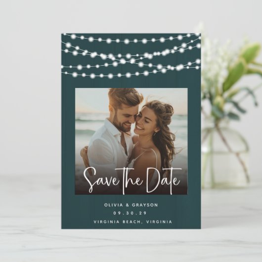 Rustikale Aquamarine Holzleuchten 2 Fotos Save the Save The Date (Stehend Vorderseite)