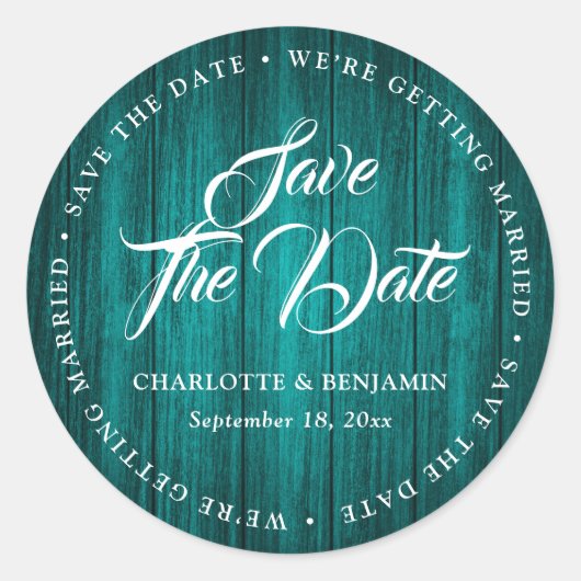 Rustikale Aquamarine Holztypografie Hochzeitsstift Runder Aufkleber (Vorderseite)