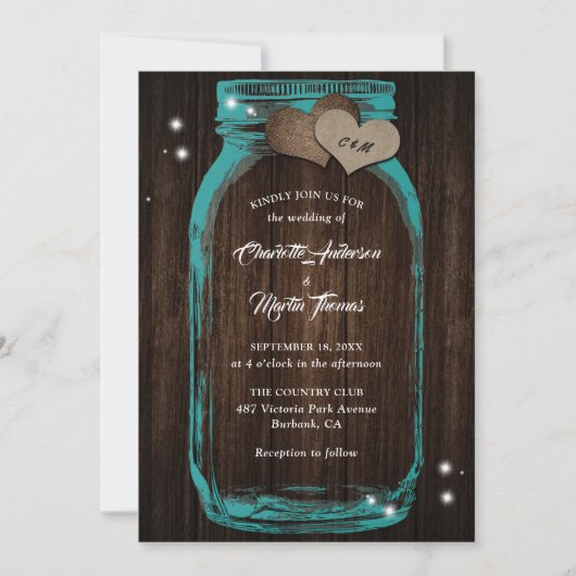 Rustikale Aquamarine Mason Jar Hochzeitseinladunge Einladung (Vorderseite)