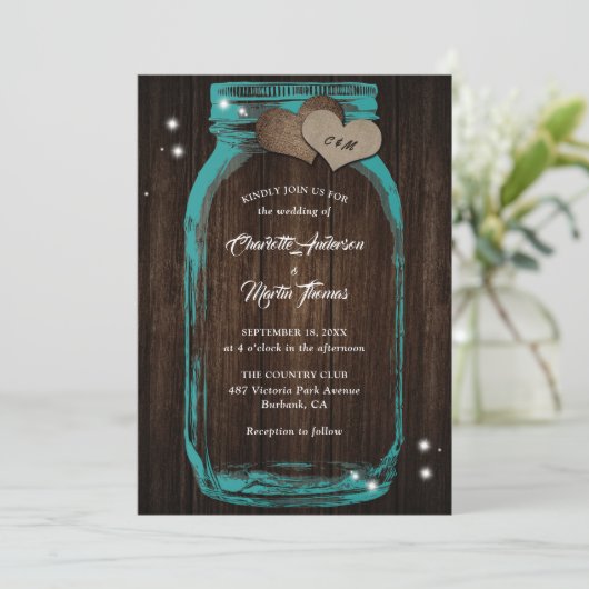 Rustikale Aquamarine Mason Jar Hochzeitseinladunge Einladung (Stehend Vorderseite)