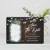 Rustikale Aquamarine Mason Jar Holzwinger Hochzeit Save The Date (Stehend Vorderseite)