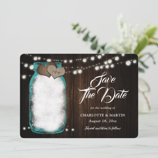 Rustikale Aquamarine Mason Jar Holzwinger Hochzeit Save The Date (Stehend Vorderseite)