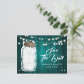 Rustikale Aquamarine Mason Jar Wedding speichern d Ankündigungspostkarte (Stehend Vorderseite)