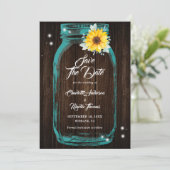Rustikale Aquamarine Mason Jar Wood Sunflower Wedd Save The Date (Stehend Vorderseite)