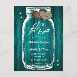 Rustikale Aquamarine Mason Jar Wood Wedding retten Ankündigungspostkarte