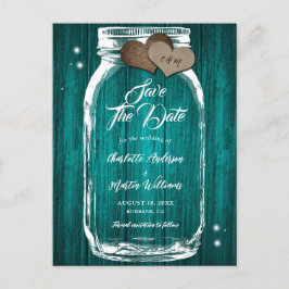 Rustikale Aquamarine Mason Jar Wood Wedding retten Ankündigungspostkarte