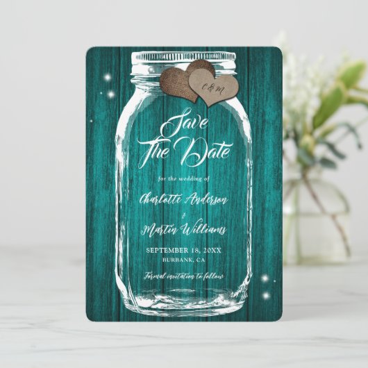 Rustikale Aquamarine Mason Jar Wood Wedding Save The Date (Stehend Vorderseite)