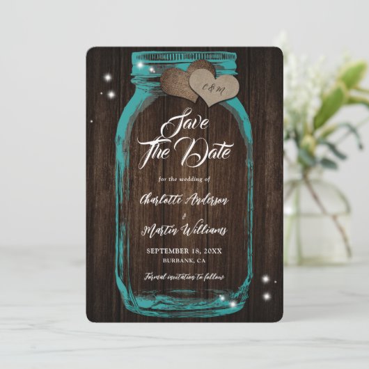 Rustikale Aquamarine Mason Jar Wood Wedding Save The Date (Stehend Vorderseite)