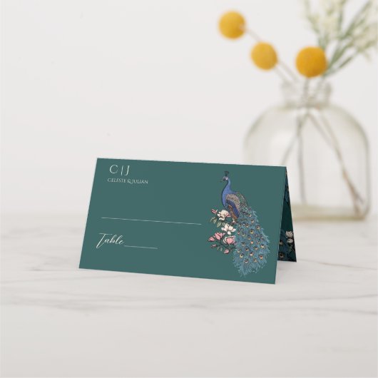 Rustikale Aquamarine Pfauenhochzeit Platzkarte (Vorderseite)