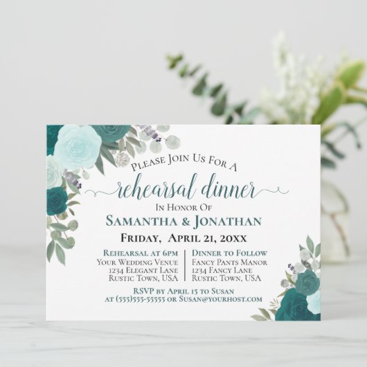 Rustikale Aquamarine Rose Blumenkohl Probe Dinner Einladung (Stehend Vorderseite)