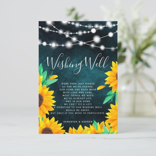 Rustikale aquamarine Saitenlichter Sonnenblumen wü Begleitkarte (Stehend Vorderseite)