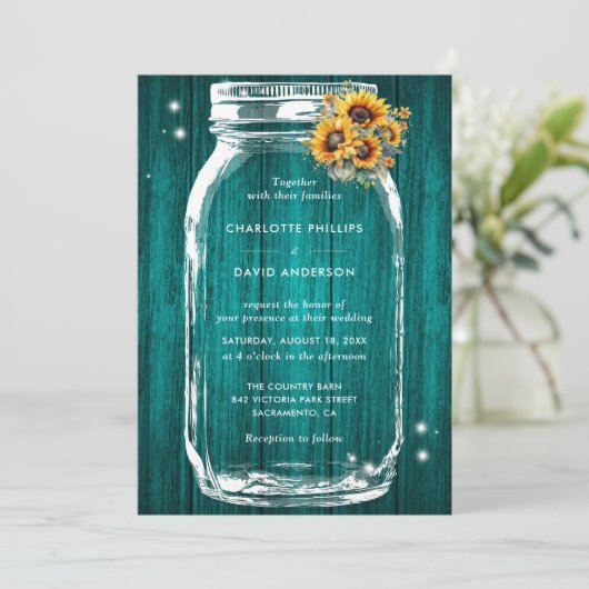 Rustikale Aquamarine Sonnenblume Mason Jar Wedding Einladung (Stehend Vorderseite)