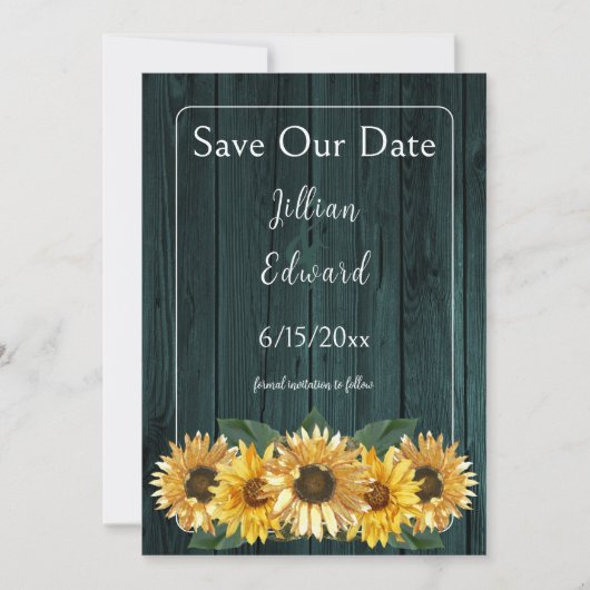 Rustikale Aquamarine Sonnenblume Save the Date Ankündigung (Vorderseite)
