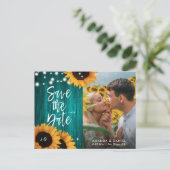 Rustikale Aquamarine Sonnenblume Save the Date Fot Ankündigungspostkarte (Stehend Vorderseite)