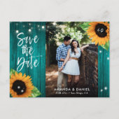 Rustikale Aquamarine Sonnenblume Save the Date Pos Ankündigungspostkarte (Vorderseite)