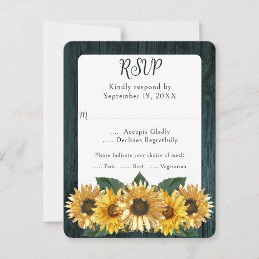 Rustikale Aquamarine Sonnenblumen-Hochzeitkarte RS RSVP Karte (Vorderseite)