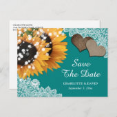 Rustikale Aquamarine Sonnenblumenhochzeit rettet d Ankündigungspostkarte (Vorne/Hinten)