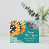 Rustikale Aquamarine Sonnenblumenhochzeit rettet d Ankündigungspostkarte (Stehend Vorderseite)